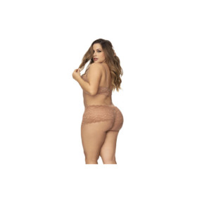 Ensemble 2 pièces en dentelle grande taille, top à bretelles et shorty couleur taupe 